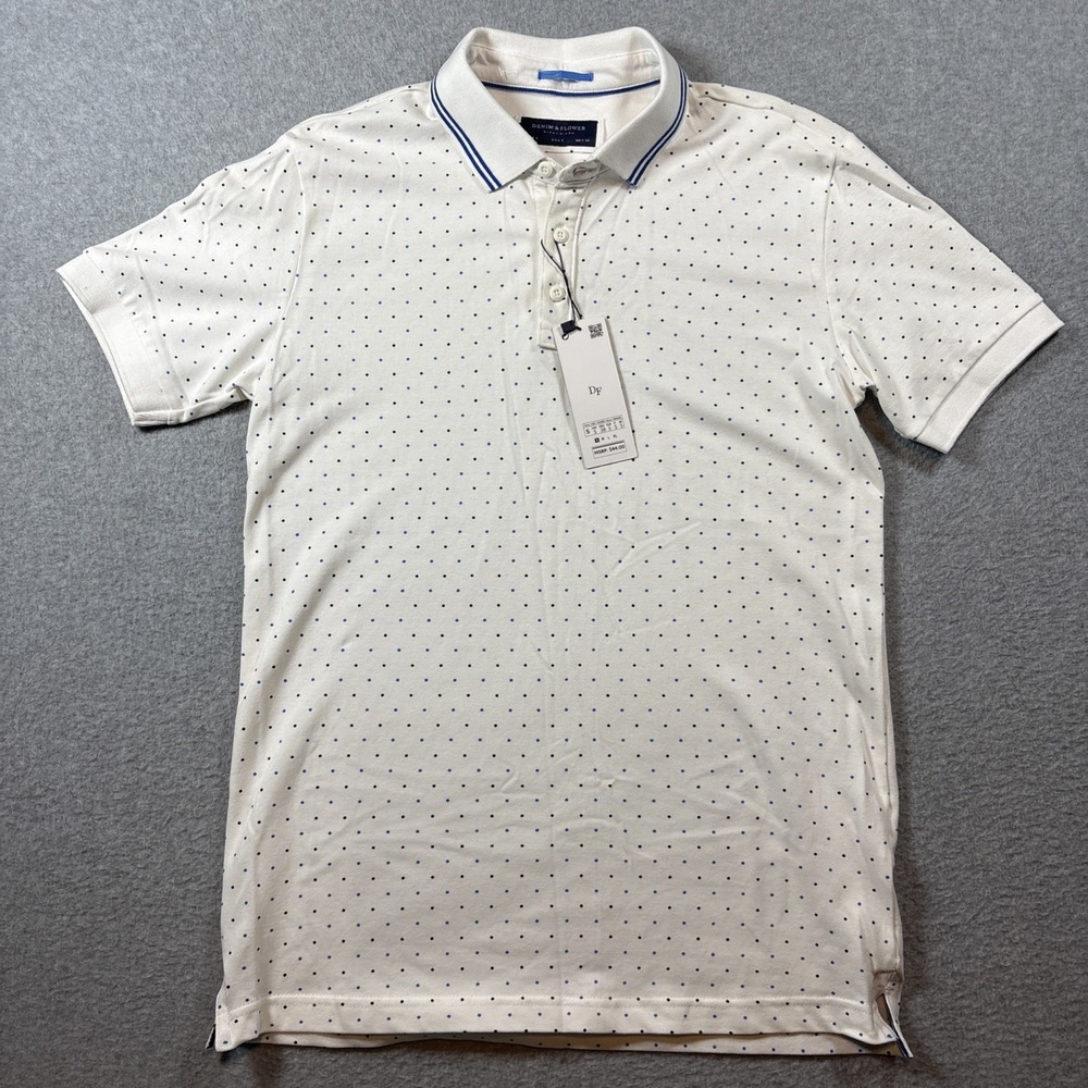 Denim & Flower Men's Sz Small White Polo Polka Dots Preppy Golf Casual Brand New